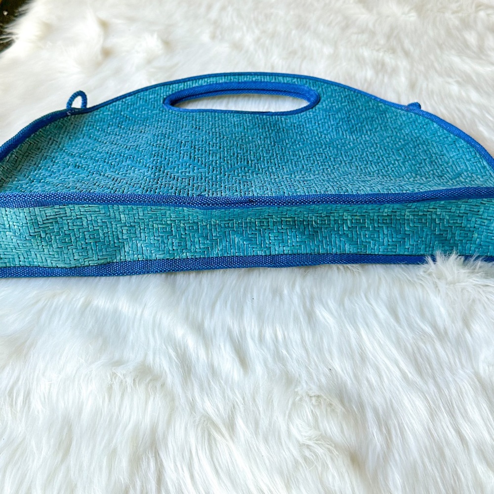 Vintage Vanessa Wicker Woven Purse Blue Half Circle Moon Beach Bag Tote Clutch - Picture 2 of 8